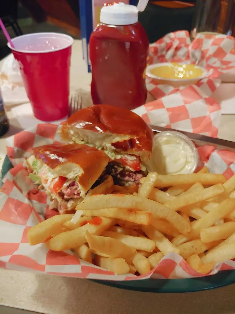 Mushroom Swiss Burger and Fries